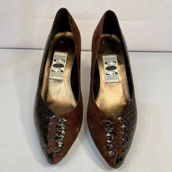 BROWN SUEDE & LEATHER 3” HEEL PUMP SIZE 7.5 by SKYLIGHTS EVC VINTAGE - Picture 1 of 9